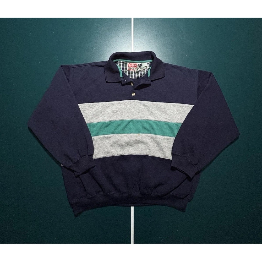 Vintage Rugby Sweater Men Large Striped Pullover 90s Retro Gray Navy Color Block